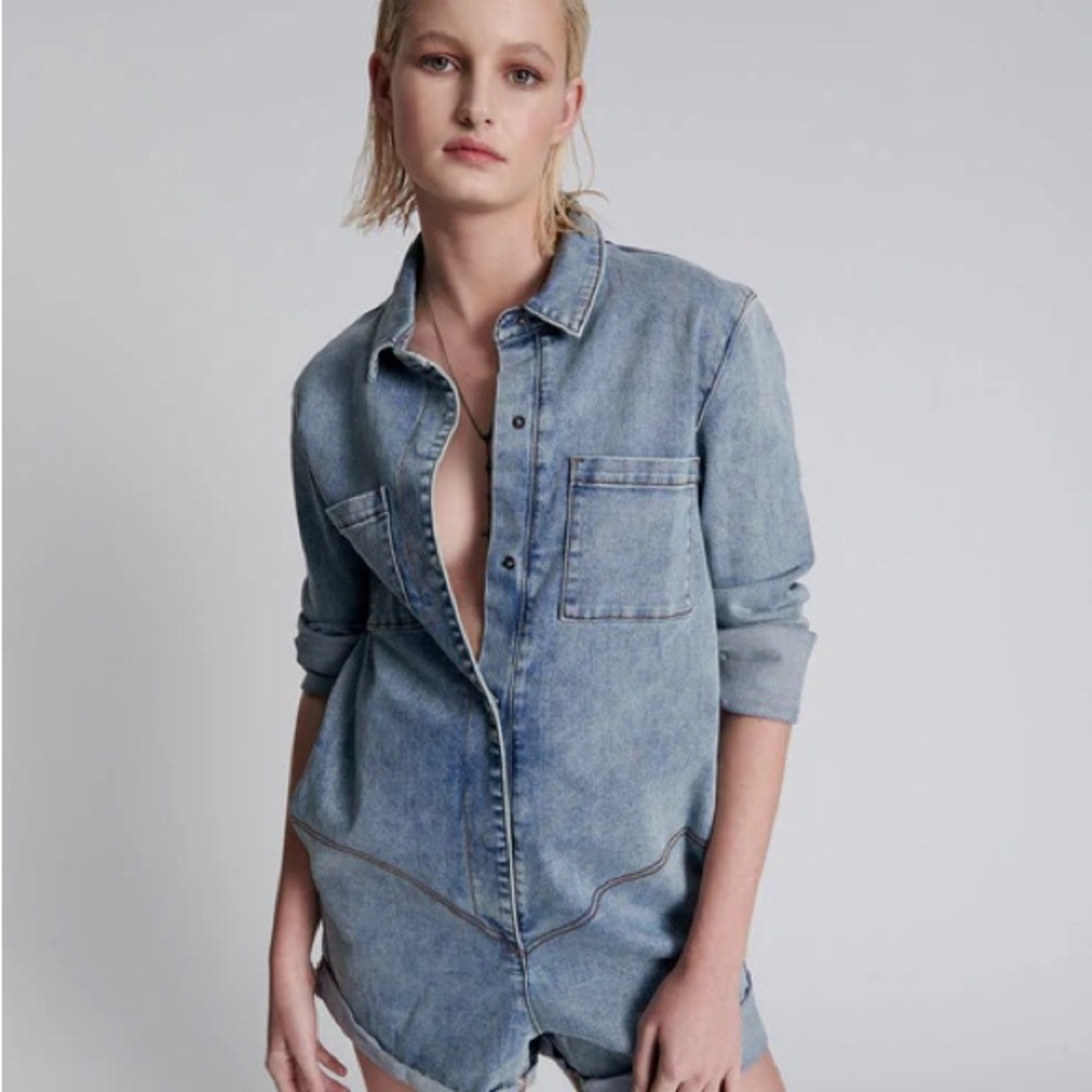 One Teaspoon Prophecy Romper Jumpsuit Light Blue Denim Small Hendrixe Long Sleev